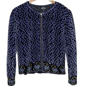 Icelandic Designs Purple Black Scroll Floral Zip Jacket Women Size M BLEMISH